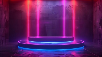 The image is a dark and mysterious stage with a glowing blue and pink neon light in the background.