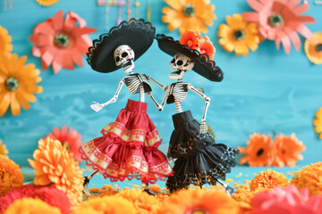 Day of the Dead, Festival of the Dead, skeleton dancing in Mexican clothes and hat, music and dancing. Dia de Los Muertos vector altar with skull and skull flowers