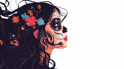 illustration beautiful Mexican girl with traditional clavera makeup. dia de los muertos. White background