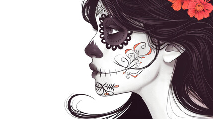 illustration beautiful Mexican girl with traditional clavera makeup. dia de los muertos. White background