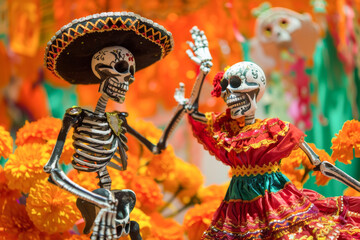 Day of the Dead, Festival of the Dead, skeleton dancing in Mexican clothes and hat, music and dancing. Dia de Los Muertos vector altar with skull and skull flowers