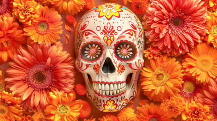 skull with flowers on orange floral background. Dia de los Muertos en Mexico