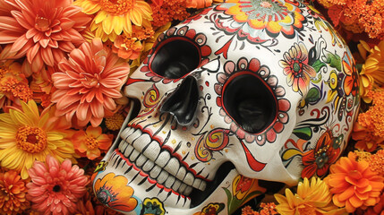 skull with flowers on orange floral background. Dia de los Muertos en Mexico