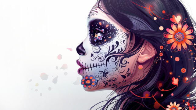 illustration beautiful Mexican girl with traditional clavera makeup. dia de los muertos. White background