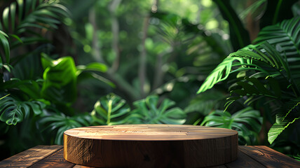 Wooden 3d podium stage in tropical forest for product presentation background, generative ai