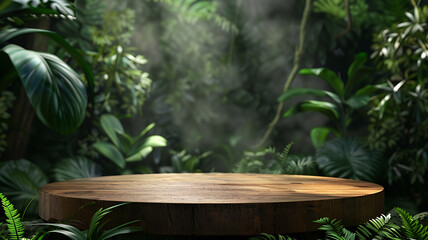 Wooden 3d podium stage in tropical forest for product presentation background, generative ai