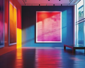 The image is a modern art gallery with colorful paintings on the walls and a large window.