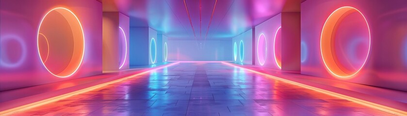 The image is a representation of a futuristic, neon-lit tunnel with glowing circles on the walls.