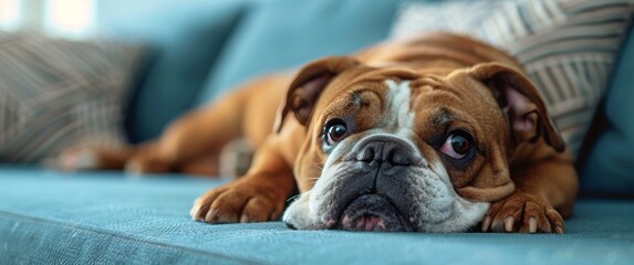 Brown and White Dog Laying on Blue Couch