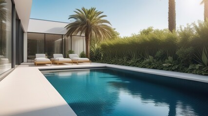Fototapeta premium luxury Swimming pool in tropical garden pool villa feature plants, deck chairs, nobody