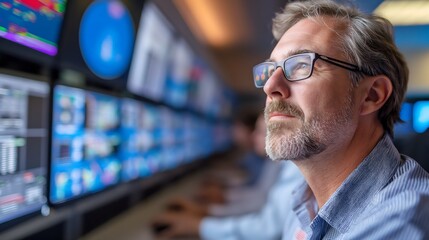 Fototapeta premium Focused professional analyzing data on multiple monitors in control room