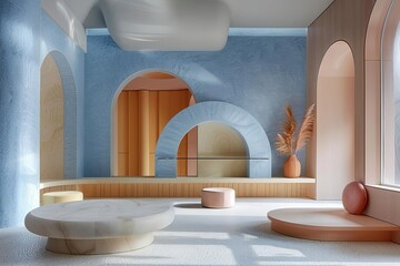The image is of a room with a curved wall and several arches