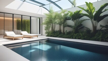luxury Swimming pool in tropical garden pool villa feature plants, deck chairs, nobody