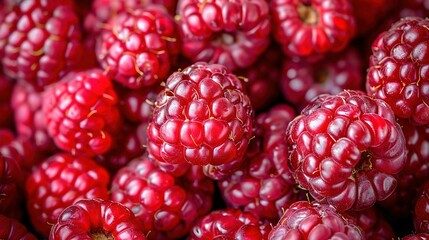   A cluster of raspberries atop another pile, adjacent