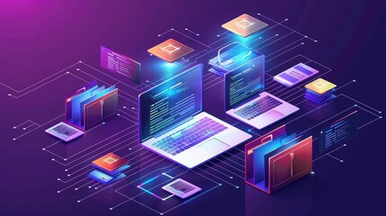 File Transfer Protocol files receiver and computer backup copy. File sharing isometric. Digital system for transferring documents and files online.Data Transfer concept.  - Powered by Adobe