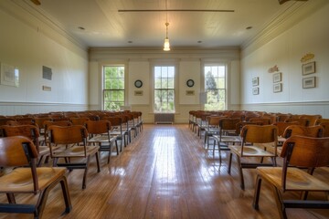 A wide-angle view of an empty classroom revealing rows of vintage wooden chairs and desks