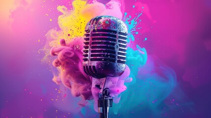 A retro microphone stands out against a vibrant and colorful smoke cloud background in this eye-catching 3D rendering illustration.