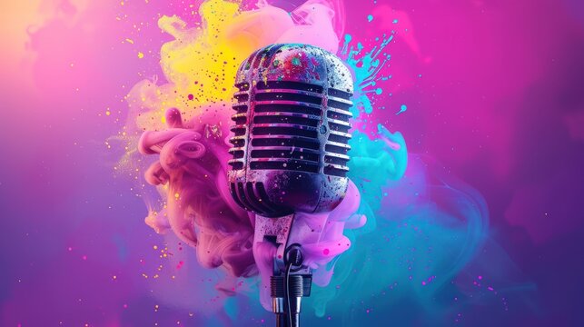 A retro microphone stands out against a vibrant and colorful smoke cloud background in this eye-catching 3D rendering illustration.
