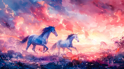 Playful fantasy: watercolor unicorns in a fairytale landscape