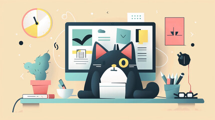 A cartoon black cat working at a cluttered desk with a computer, cactus plant, clock, and office supplies