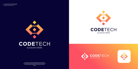 Simple tech coding logo design template. Abstract data connection logo vector.