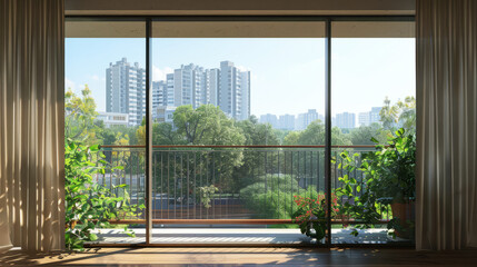 Fototapeta premium Modern Urban Balcony with Greenery and Stunning City View. Outdoor Relaxation
