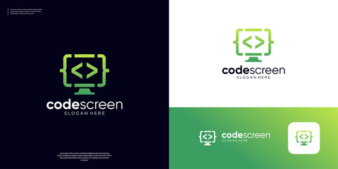 Modern programer code logo icon. Monitor computer coding logo design template.