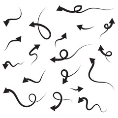 Hand drawn arrows. Vector set of different direction black arrows. Up, down, left, right, twisted