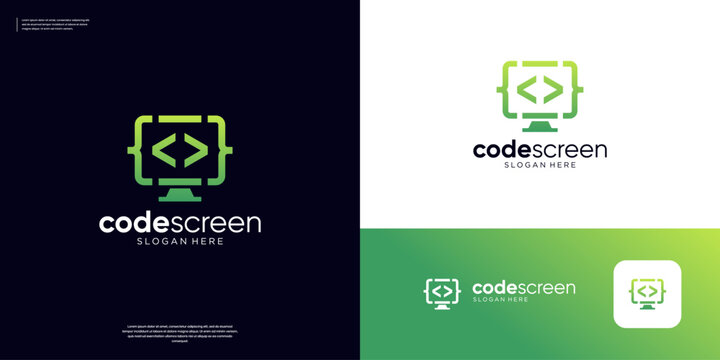 Modern programer code logo icon. Monitor computer coding logo design template.