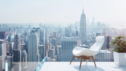 Luxurious Rooftop Terrace with Lounge Chair and Panoramic City Skyline. Urban Oasis