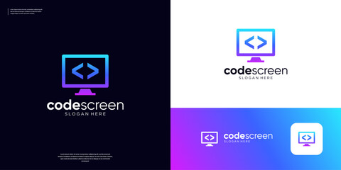 Modern coding monitor logo design template.