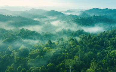 Fototapeta premium A view of the rainforest from above on a foggy morning, with a light blue sky and green trees amidst the mist