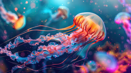 Fototapeta premium Small jellyfish or medusa. Bright colorful jellyfish