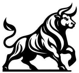 aggressive bull full silhouette, runs dynamics strong silhouette, muscular animal, vector black shape on white background, logo figure thick solid line stroke