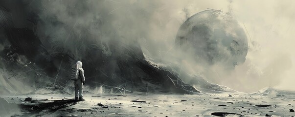 An astronaut on a distant planet looks back at a ruined Earth. - Powered by Adobe