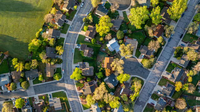 spring sunrise over residential area of Fort Collins in Colorado, aerial panorama