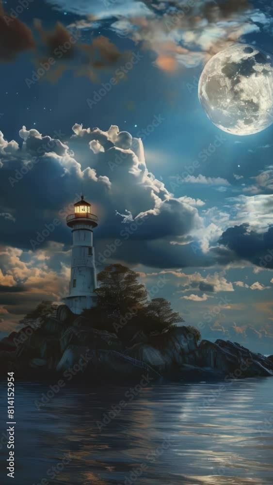 Poster a lighthouse is lit up in the dark sky with a full moon in the background
