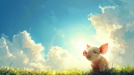 character cartoon illustration of a cute little pig observing a cloudy landscape in the midday sun