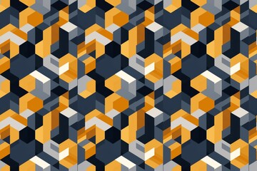 Abstract geometric pattern with overlapping hexagons in orange, black, and white tones.