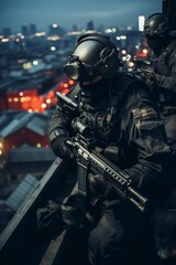 A man wearing a gas mask is seen holding a gun on a rooftop during a surveillance operation. The man appears to be part of an elite commando unit