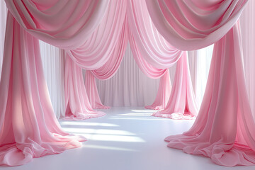 Soft pink curtains in a radiant white room. Flowing pink drapes create a whimsical and elegant ambiance in a bright, white interior, perfect for festive or celebratory occasions