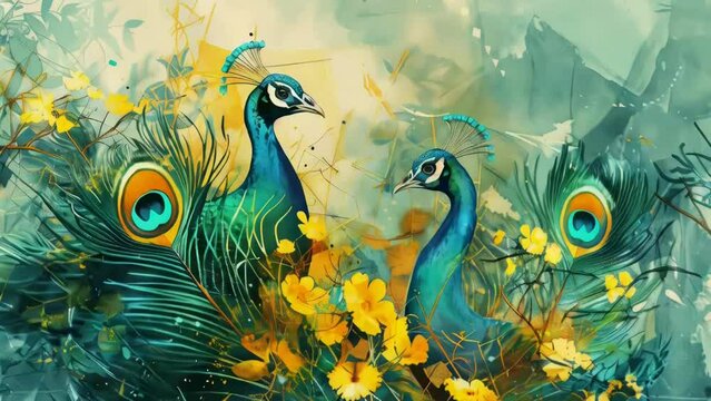 Two peacocks are sitting on a bed of flowers