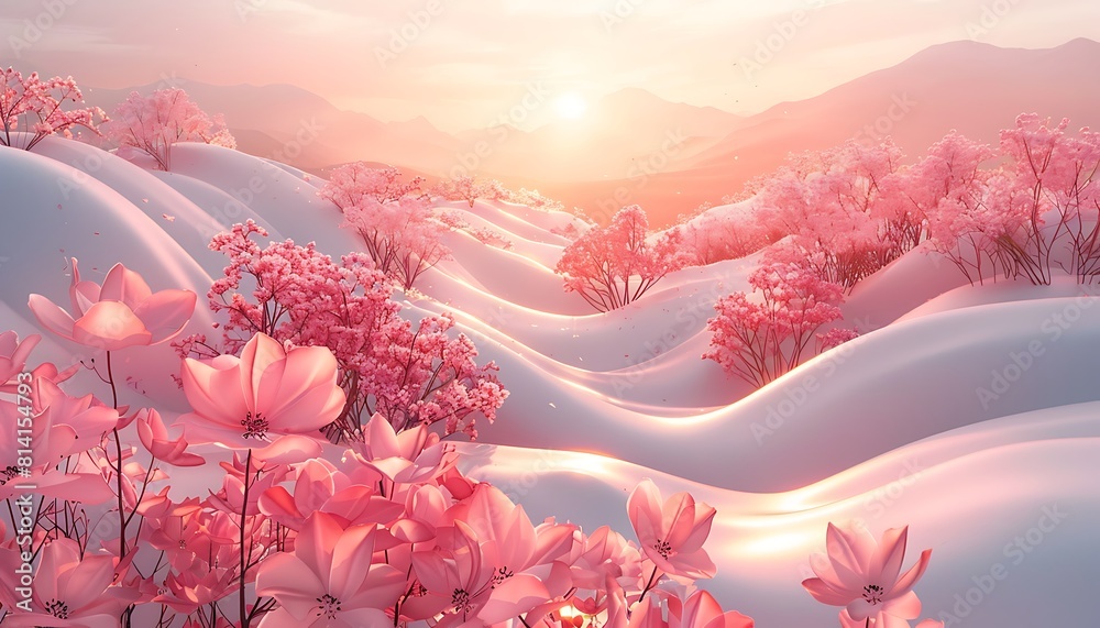 Wall mural beautiful spring landscape with pink flowers. 3d render illustration