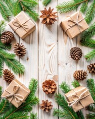 Obraz premium Christmas background with fir tree branches, cones and gift boxes on white wooden background