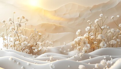 3d render of white flowers in the desert. Beautiful landscape.