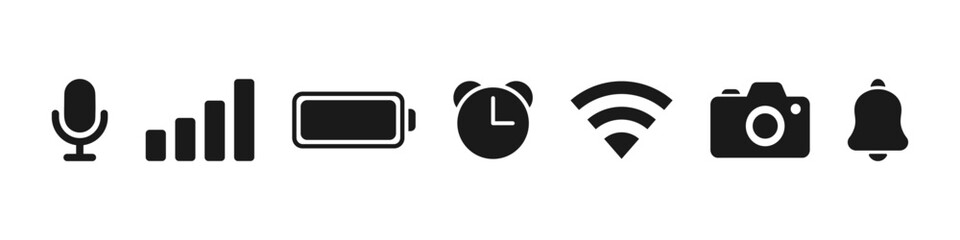 Status bar phone. Mobile icons set. Contain phone signal, wifi, battery, time, camera, microphone. Vector illustration