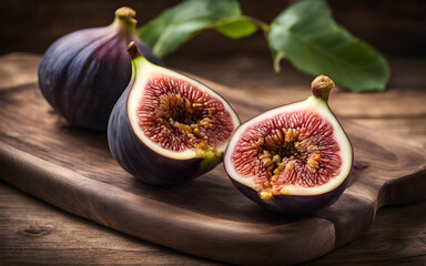 Fresh figs on a wooden board, rustic setting, soft natural light
