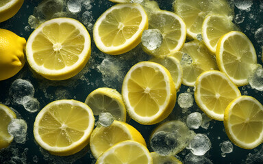 Lemon slices floating in sparkling water, close-up, bright and refreshing