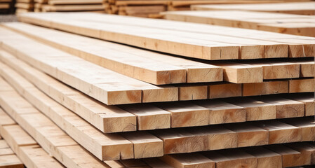 Fototapeta premium A warehouse of boards on a sawmill: an industrial landscape. The lumber is in a stack