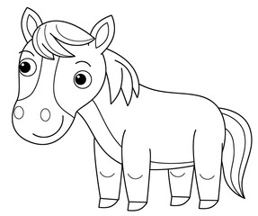 cartoon scene with farm ranch animal stallion pony horse coloring page drawing sketch isolated background illustration for the children